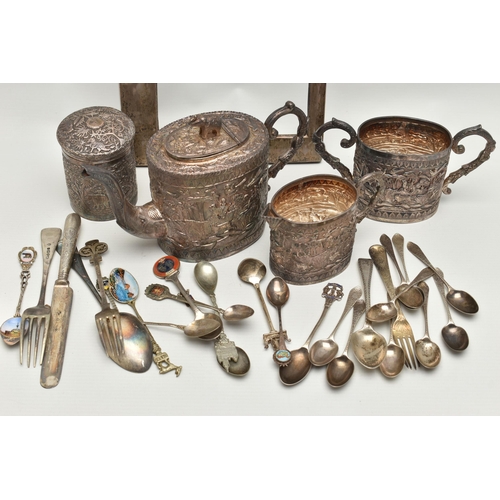 251 - A BOX OF ASSORTED WHITE METAL WARE, to include eight silver teaspoons, a silver fork, a single silve... 