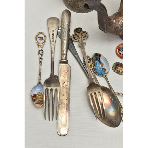 251 - A BOX OF ASSORTED WHITE METAL WARE, to include eight silver teaspoons, a silver fork, a single silve... 