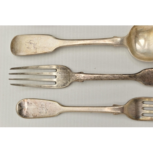 252 - A SET OF SIX SILVER MID VICTORIAN TABLE FORKS, fiddle pattern forks with engraved initial 'D' to the... 