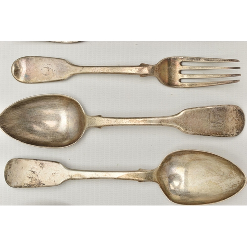 252 - A SET OF SIX SILVER MID VICTORIAN TABLE FORKS, fiddle pattern forks with engraved initial 'D' to the... 