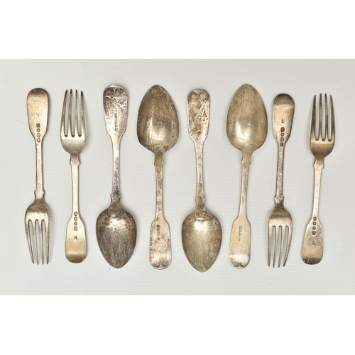 252 - A SET OF SIX SILVER MID VICTORIAN TABLE FORKS, fiddle pattern forks with engraved initial 'D' to the... 