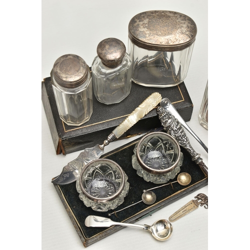 254 - A BOX OF ASSORTED ITEMS, to include a boxed salt set, containing two glass salts with silver rims to... 