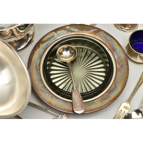 255 - A BOX OF SILVER AND SILVER PLATE WARE, to include a double handled raised bowl, hallmarked Birmingha... 