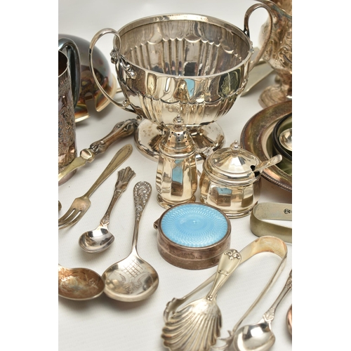 255 - A BOX OF SILVER AND SILVER PLATE WARE, to include a double handled raised bowl, hallmarked Birmingha... 