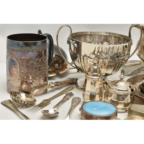 255 - A BOX OF SILVER AND SILVER PLATE WARE, to include a double handled raised bowl, hallmarked Birmingha... 