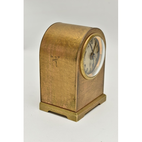 257 - A BRASS CASED ALARM CLOCK, key wound, round gold dial, Roman numerals, in a brass case, together wit... 