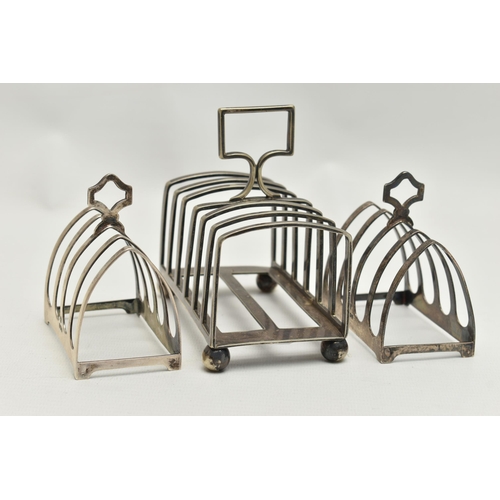 258 - TWO SILVER TOAST RACKS AND AN EP TOAST RACK, two small toast racks, each hallmarked 'Harrods Ltd' Sh... 