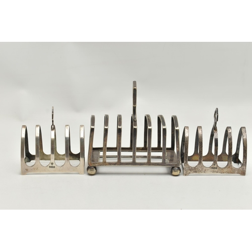 258 - TWO SILVER TOAST RACKS AND AN EP TOAST RACK, two small toast racks, each hallmarked 'Harrods Ltd' Sh... 