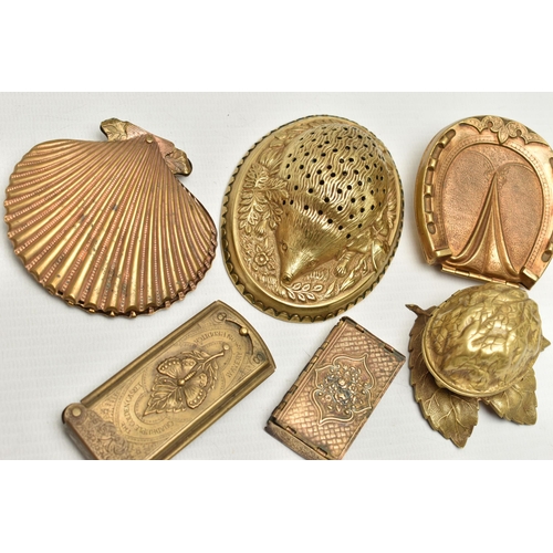 260 - SIX BRASS 'W. AVERY & SON REDDITCH' ITEMS, including a horseshoe needle case, a walnut on a leaf cas... 