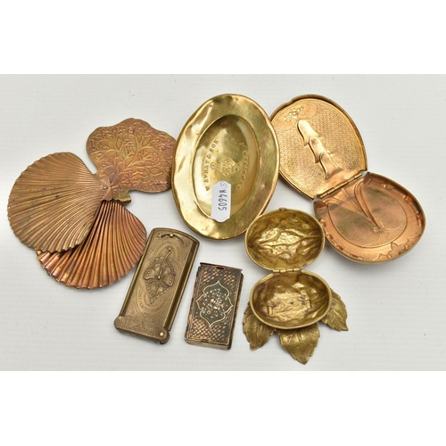 260 - SIX BRASS 'W. AVERY & SON REDDITCH' ITEMS, including a horseshoe needle case, a walnut on a leaf cas... 