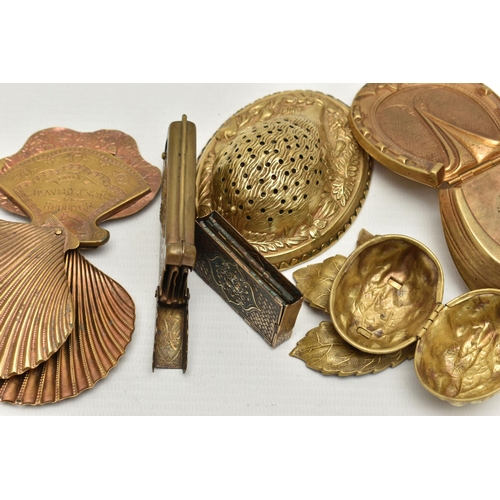 260 - SIX BRASS 'W. AVERY & SON REDDITCH' ITEMS, including a horseshoe needle case, a walnut on a leaf cas... 