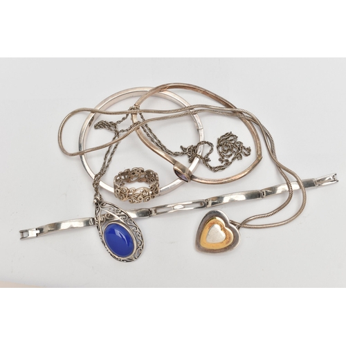 61 - AN ASSORTMENT OF WHITE METAL JEWELLERY, to include two hinged bangles, a signed 'accu.2' bracelet, t... 