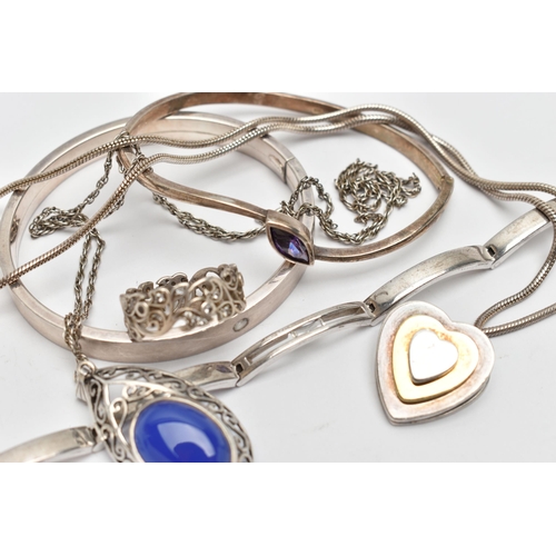 61 - AN ASSORTMENT OF WHITE METAL JEWELLERY, to include two hinged bangles, a signed 'accu.2' bracelet, t... 