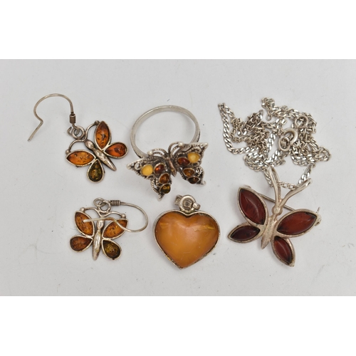 68 - AN ASSORTMENT OF WHITE METAL JEWELLERY, to include an amber pendant, a pair of copal amber earrings,... 