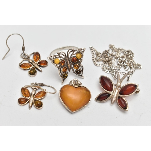 68 - AN ASSORTMENT OF WHITE METAL JEWELLERY, to include an amber pendant, a pair of copal amber earrings,... 