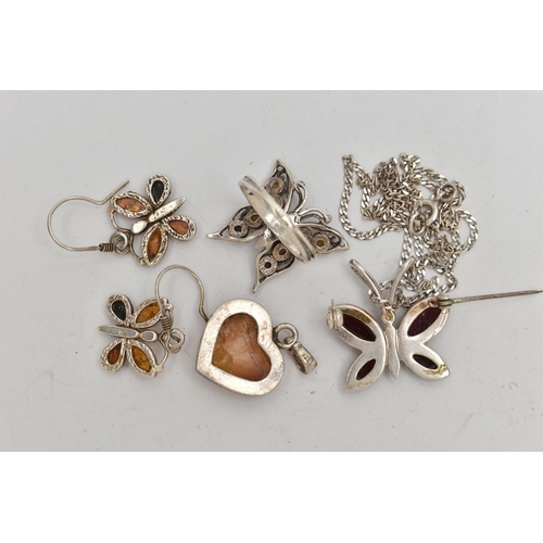 68 - AN ASSORTMENT OF WHITE METAL JEWELLERY, to include an amber pendant, a pair of copal amber earrings,... 