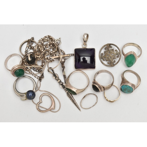 70 - AN ASSORTMENT OF WHITE METAL JEWELLERY, to include nine rings, some gem set, a brooch, two pendants,... 