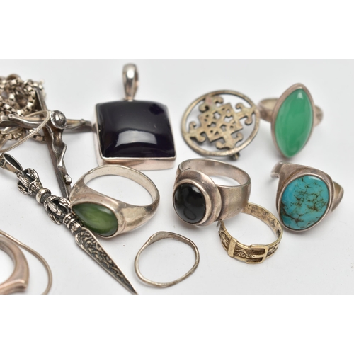 70 - AN ASSORTMENT OF WHITE METAL JEWELLERY, to include nine rings, some gem set, a brooch, two pendants,... 