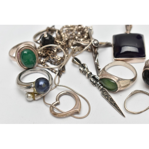 70 - AN ASSORTMENT OF WHITE METAL JEWELLERY, to include nine rings, some gem set, a brooch, two pendants,... 