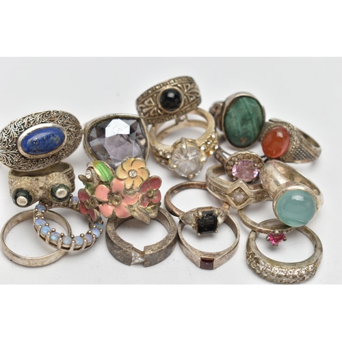 73 - AN ASSORTMENT OF WHITE METAL RINGS, seventeen rings and a circular pendant, some stamped 925, approx... 