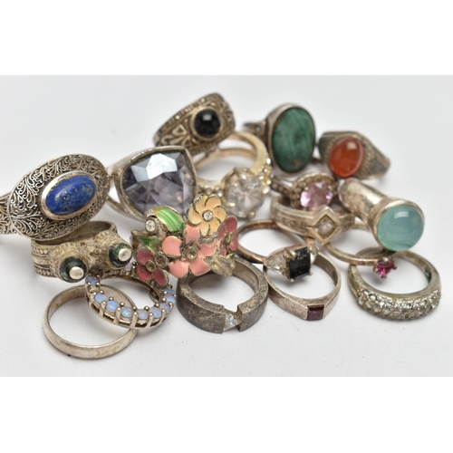 73 - AN ASSORTMENT OF WHITE METAL RINGS, seventeen rings and a circular pendant, some stamped 925, approx... 