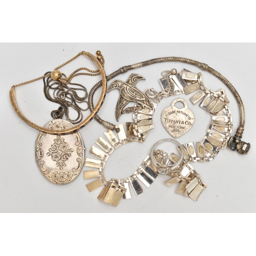 74 - AN ASSORTMENT OF SILVER AND WHITE METAL JEWELLERY, to include a silver fringe necklace, hallmarked L... 