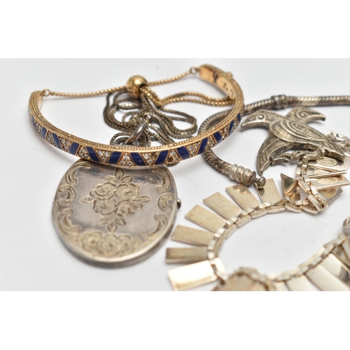 74 - AN ASSORTMENT OF SILVER AND WHITE METAL JEWELLERY, to include a silver fringe necklace, hallmarked L... 