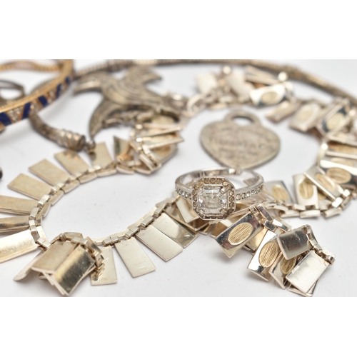 74 - AN ASSORTMENT OF SILVER AND WHITE METAL JEWELLERY, to include a silver fringe necklace, hallmarked L... 