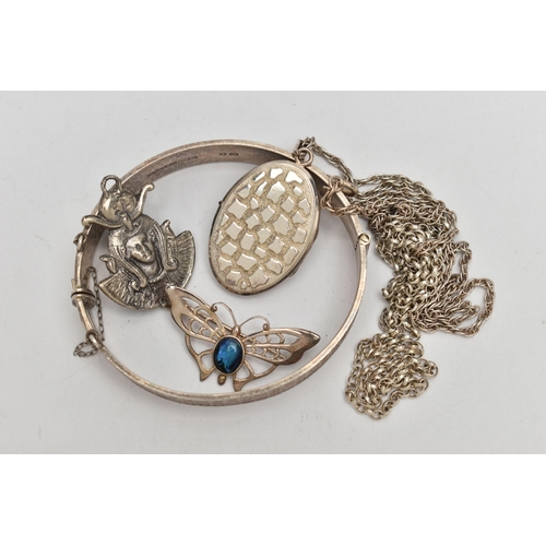 75 - AN ASSORTMENT OF SILVER AND WHITE METAL JEWELLERY, to include a silver hinged bangle, with repeating... 