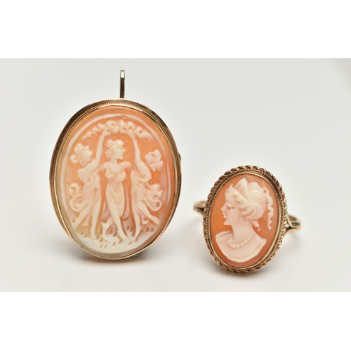 77 - A CAMEO BROOCH AND RING, an Italian yellow metal brooch and pendant, set with a shell cameo depictin... 