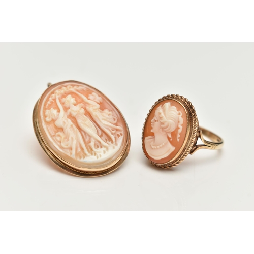 77 - A CAMEO BROOCH AND RING, an Italian yellow metal brooch and pendant, set with a shell cameo depictin... 