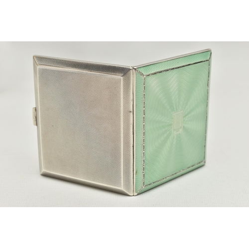 78 - A SILVER AND GUILLOCHE ENAMEL CIGARETTE CASE, rectangular form case, mint green guilloche enamel det... 