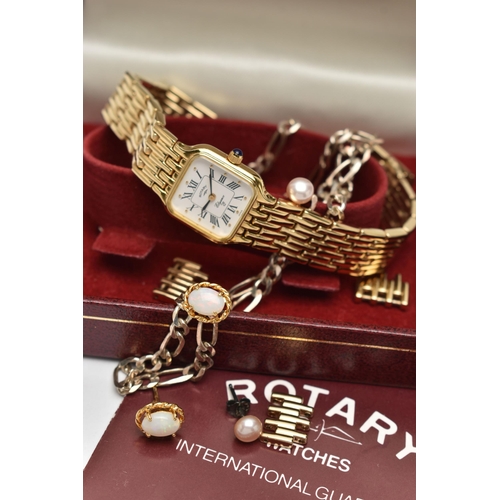 82 - A LADYS 'ROTARY' WRISTWATCH AND OTHER ITEMS, gold plated Rotary Elegance, a white metal figaro chain... 