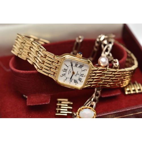 82 - A LADYS 'ROTARY' WRISTWATCH AND OTHER ITEMS, gold plated Rotary Elegance, a white metal figaro chain... 