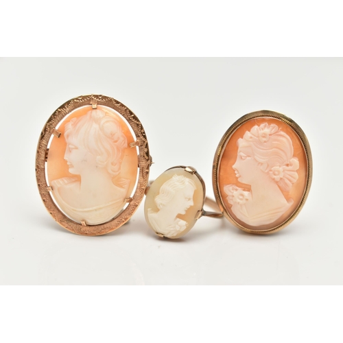 96 - TWO CAMEO BROOCHES AND A CAMEO RING, the first a 9ct gold mount with etches detail, set with an oval... 