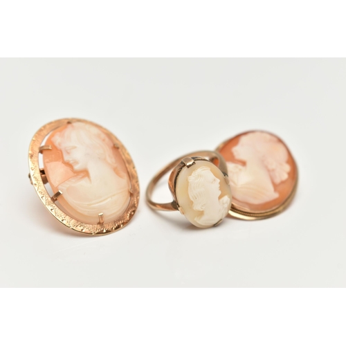 96 - TWO CAMEO BROOCHES AND A CAMEO RING, the first a 9ct gold mount with etches detail, set with an oval... 