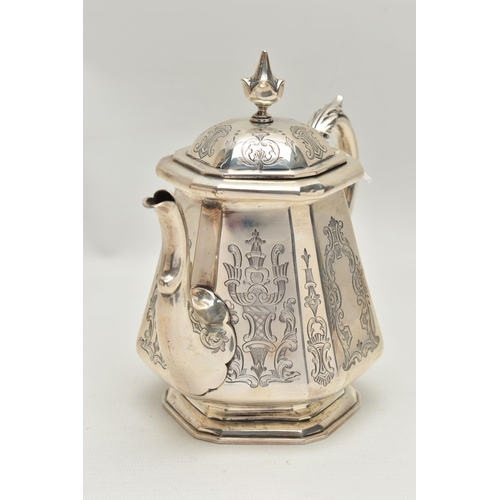 261 - A MID VICTORIAN SILVER TEAPOT, engraved floral and foliate pattern, fitted with an ivory insulated s... 