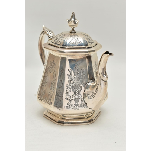 261 - A MID VICTORIAN SILVER TEAPOT, engraved floral and foliate pattern, fitted with an ivory insulated s... 