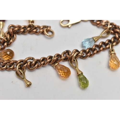 263 - A YELLOW METAL GEM SET BRACELET, a rose metal curb link bracelet, fitted with eight semi-precious br... 