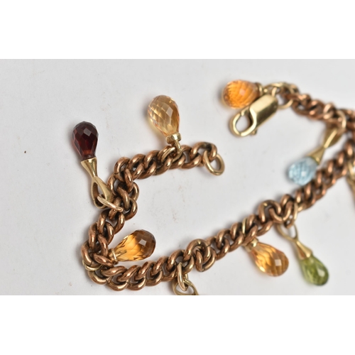 263 - A YELLOW METAL GEM SET BRACELET, a rose metal curb link bracelet, fitted with eight semi-precious br... 