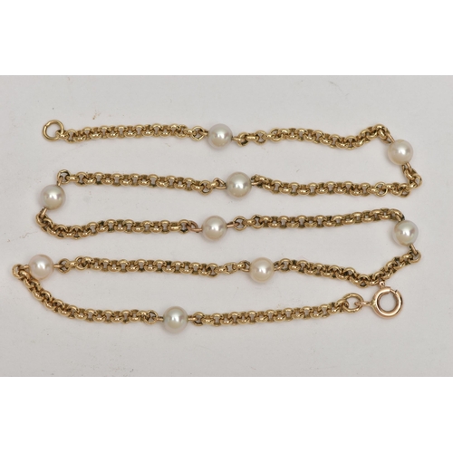 265 - A 9CT GOLD AKOYA PEARL NECKLACE, yellow metal belcher chain interspaced with nine Akoya cultured pea... 