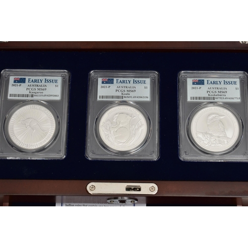 274 - A BOXED DISPLAY OF EIGHT BU PURE SILVER COINS, to include a Canada 0.999 Silver Maple 2015, an Austr... 