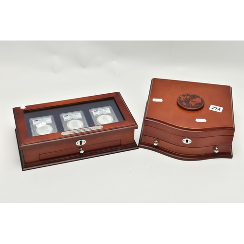 274 - A BOXED DISPLAY OF EIGHT BU PURE SILVER COINS, to include a Canada 0.999 Silver Maple 2015, an Austr... 