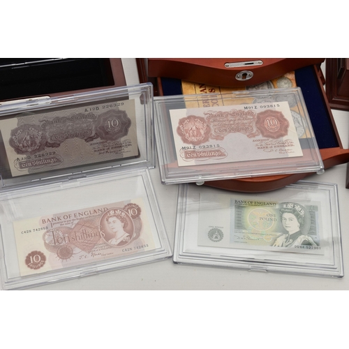 278 - A CASED DISPLAY OF TWELVE UK BANKNOTES THROUGH THE AGES, to include Fforde Ten Shillings 1967 C42N, ... 