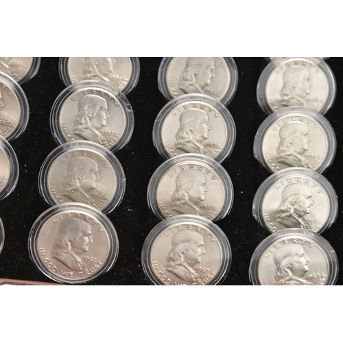 280 - A GLAZED DISPLAY OF THIRTY COMPLETE EISENHOWER DOLLAR COINS 1976-1990, a glazed display of 35 Bejami... 