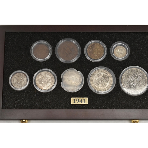 281 - A GLAZED DISPLAY OF EDWARD VII COINS, to include Halfcrown to Farthing circulated coinage with three... 