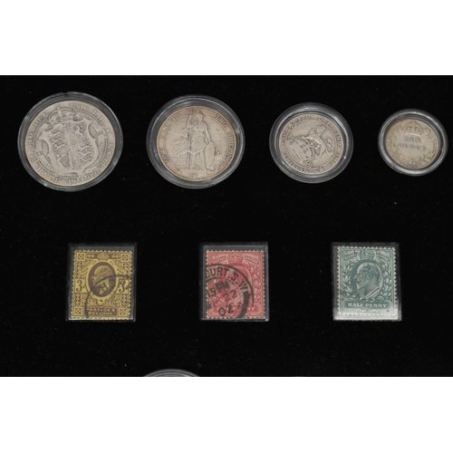 281 - A GLAZED DISPLAY OF EDWARD VII COINS, to include Halfcrown to Farthing circulated coinage with three... 