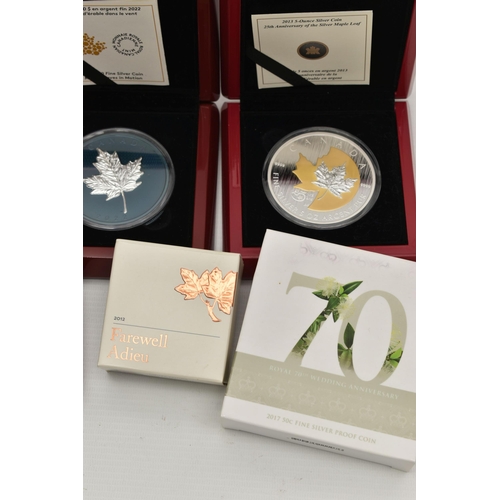 282 - A DISPLAY OF SILVER AND SILVER PROOF COINS, to include Royal Canadian Mints 2013 Proof like 5 Ounce ... 