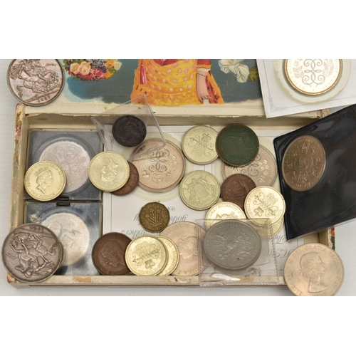 287 - A CIGAR BOX CONTAINING A SMALL AMOUNT OF UK COINS, to include a Victoria 1887 Jubilee Crown, an Edwa... 