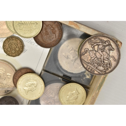 287 - A CIGAR BOX CONTAINING A SMALL AMOUNT OF UK COINS, to include a Victoria 1887 Jubilee Crown, an Edwa... 